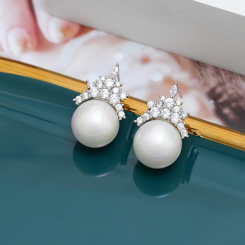Crown Zircon Pearl Drop Earrings: Trendy, High-End Fashion & Light Luxury Style for Women