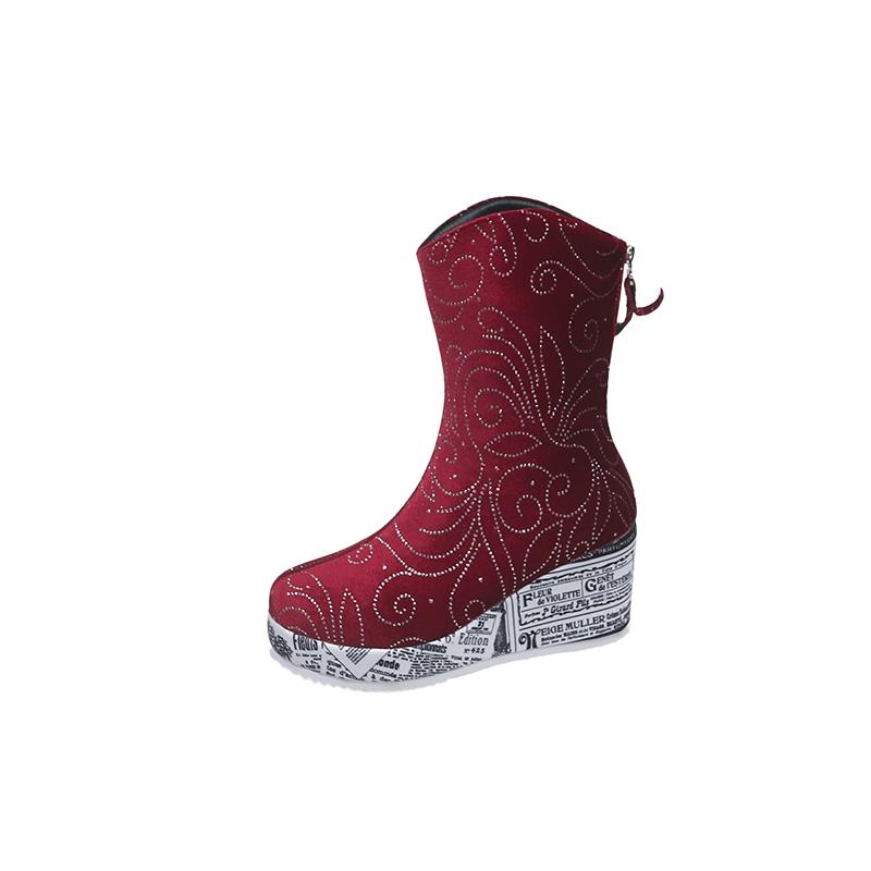 Fashion Rhinestone Suede Wedge Single Boots Women's Fashion Round Toe Rear Zip Platform Anti-Slip Wear-Resistant Short Shoe