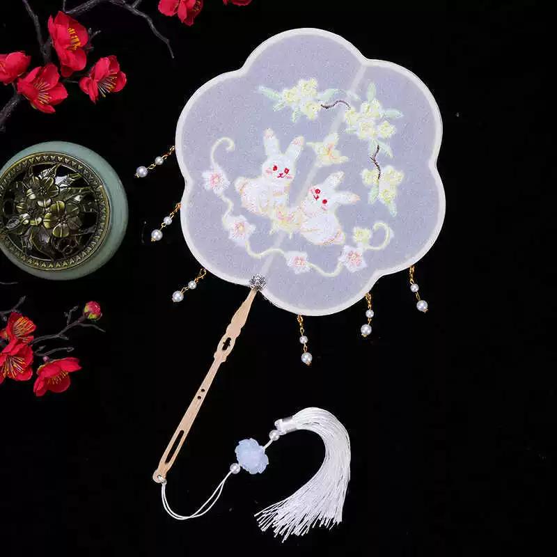 Traditional Chinese Fan for Children, Summer Hanfu Dance Fan for Girls, Embroidered Ancient Costume Fan with Tassel Pendant, Unique-Shaped Fan