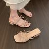 French temperament bow thick heel cool slippers women's summer wear 2025 sticky new with skirt square head open-toed sandals