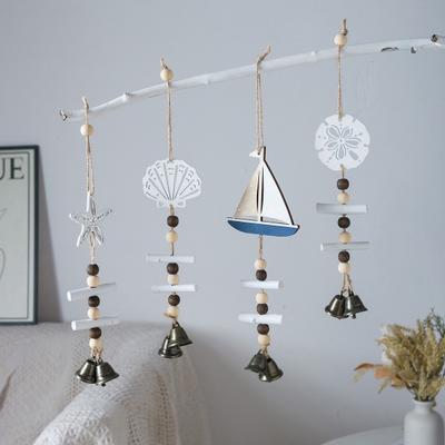 Beach Ocean Starfish Hanging Decoration with Bell Farmhouse Rustic Wooden Sailboat Shell Ornament Summer Nautical Coastal Wind Chime Pendant