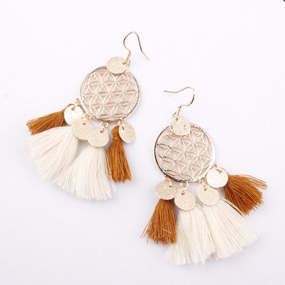 Women Stylish Hollow Out Dream Catcher Design Tassel Earrings