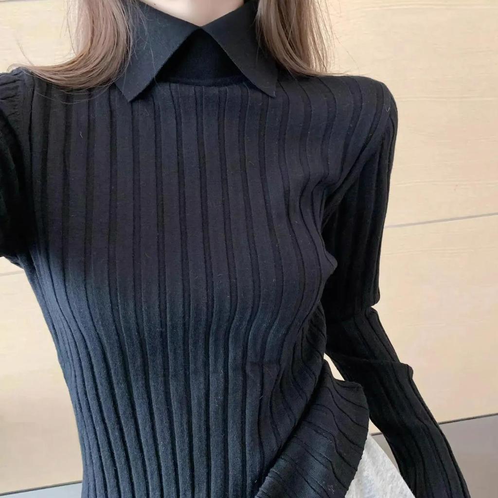 Polo Collar Women's Knitted Sweater Long Sleeve Slim Fit Pullovers for Women Autumn Winter Sweaters Soft Warm Bottoming Tops