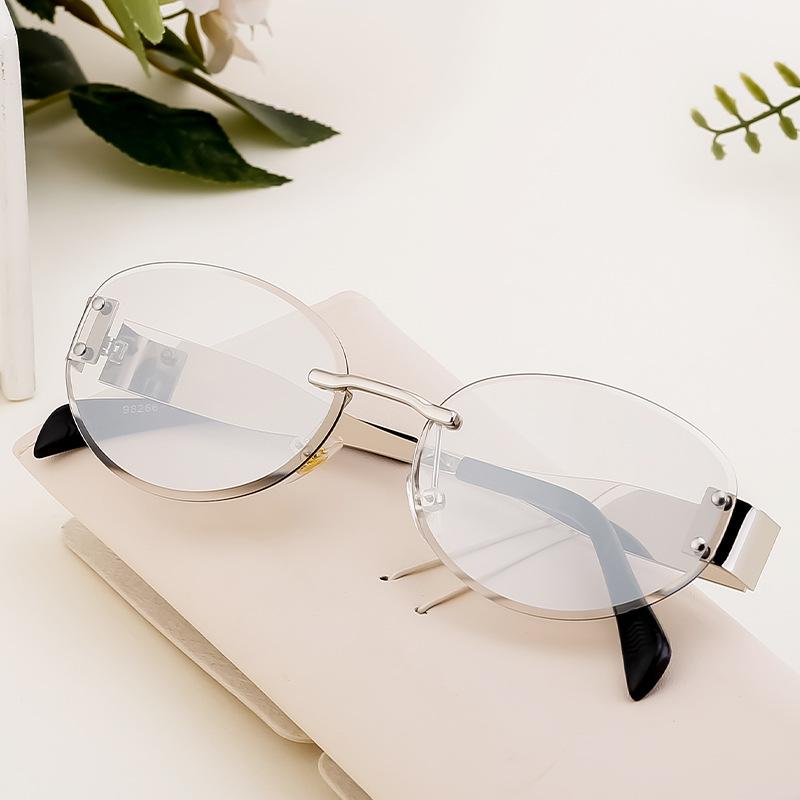 Oval Rimless Sunglasses Women'S High-End Trend Diamond Trimmed Sunglasses Sunshade Large-Frame Glasses