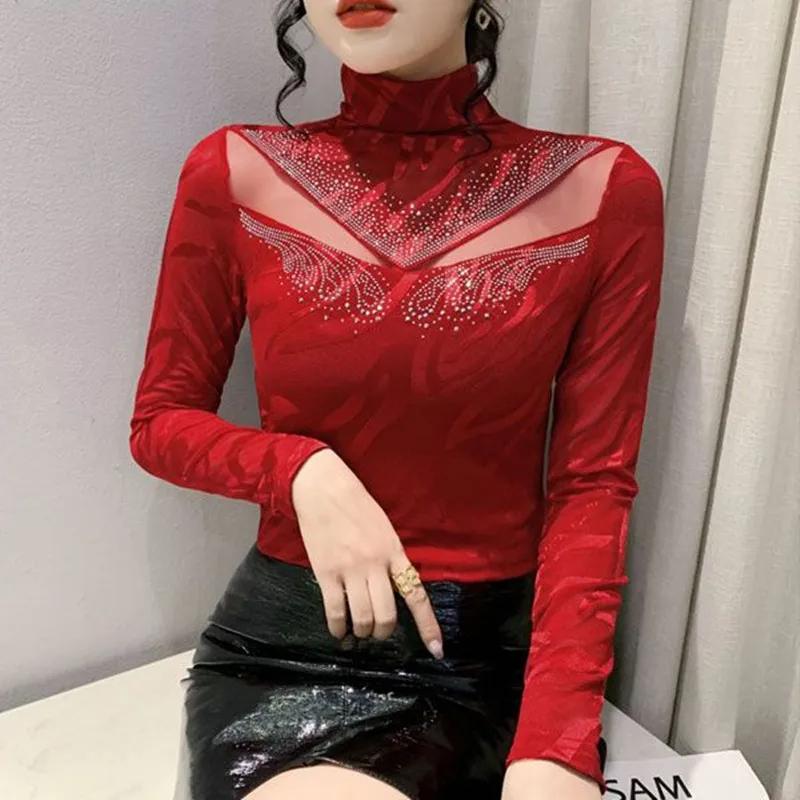 

Весна Осень Новые Женские Топы Футболка Мода Повседневная Водолазка Длинный Рукав Футболки Сексуальная Ажурная Горячие Бриллианты Сетка Футболки 3XL красный