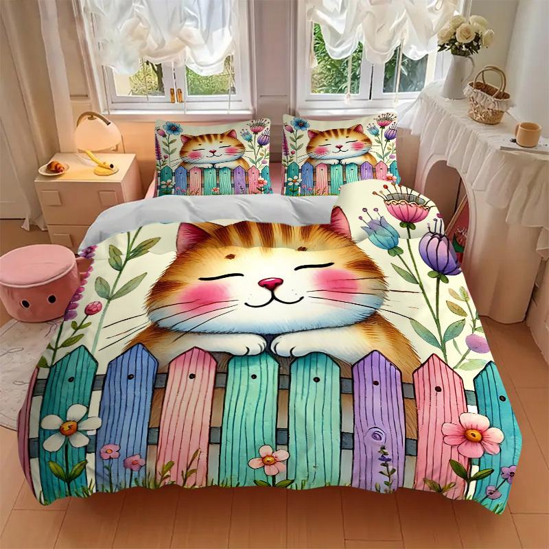 3pcs bedding set Cat Garden Includes 1 Comforter + 2 Pillowcases, Without Pillow Inserts, Soft Comfortable,Bedding Set,a0909003