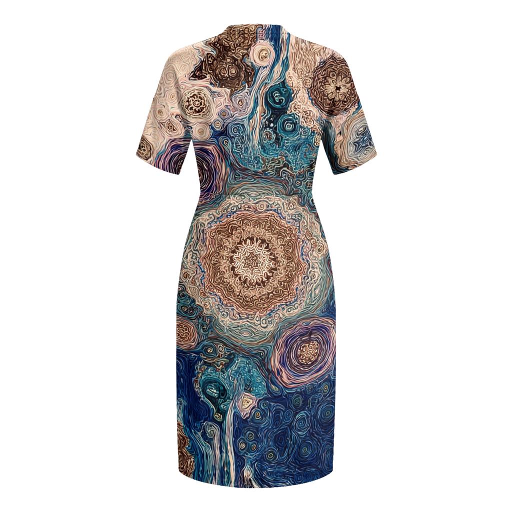 Letní nadměrné velikosti V výstřih krátký rukáv ke kolenům kapsa potisk ležérní šaty pro ženy