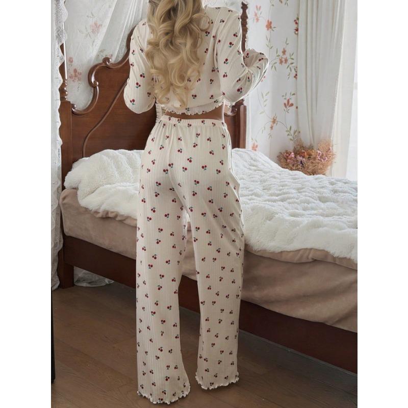 Women Sexy Lace Trim Cardigan Long Sleeve Top Long Pants Pajama Set Home Wear
