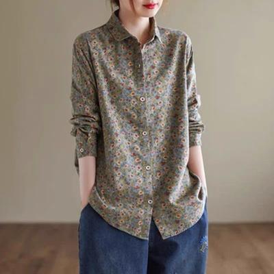 Women Long Sleeve Casual Shirts New Arrival Spring Vintage Style Floral Print Cotton Linen Ladies Elegant Tops
