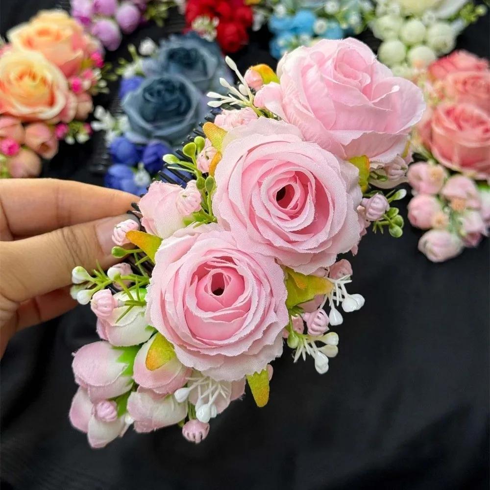 Handmade Sweet Flowers Hairpin Rose Floral Headwear Rose Hair Comb Plastic Cloth Chignon Hair Clips Girls
