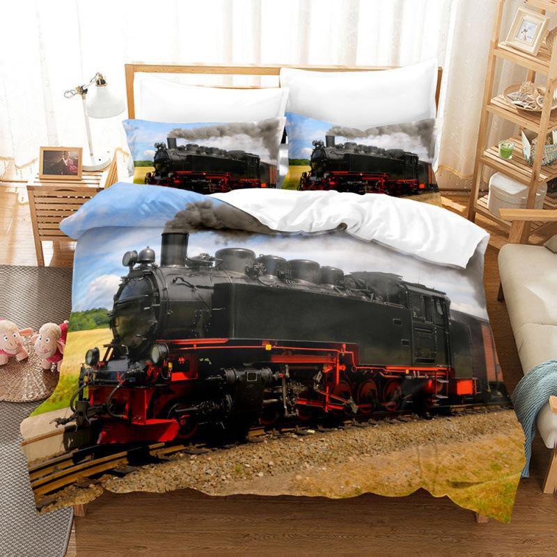 Steam Locomotive, Old-Fashioned, Shabby Train, Transportation, Digital Printing, Three-Piece Bed Sheet