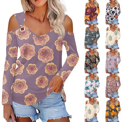 Women's Fashion Floral Print V Neck Long Sleeve Buttoned Off Shoulder Casual T Shirt Top