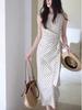 Polka Dot Linen-Cotton Dress for Women with Cinched Waist, French Style