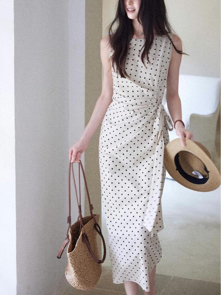 Polka Dot Linen-Cotton Dress for Women with Cinched Waist, French Style