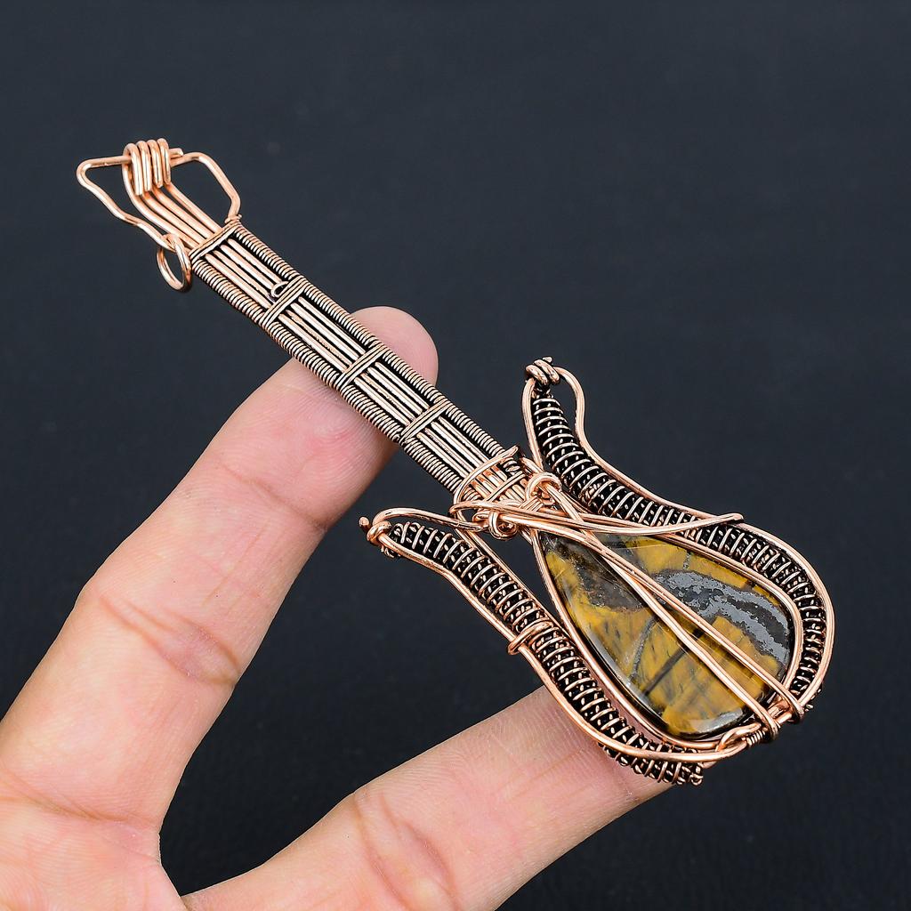 Natural Tiger Eye Gemstone Handmade Copper Wire Wrap Guitar Pendant 4.53 F4t52