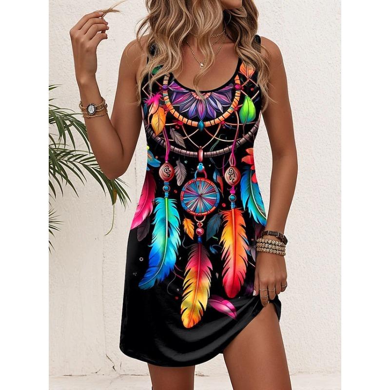 Mini Abito da Donna Abito a Linea A Abito Estivo Vacanza Casual Boho Matrimonio Vestibilità Regolare Grafica Floreale Foglia Senza Maniche Scollo a U