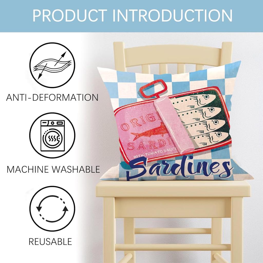 Sardines Can Decorative Throw Pillow Covers 18 x 18 Set of 4, Beach Coastal Fish Fisherman Aesthetic Porch Outdoor Home Decor, Retro Nautical Plaid