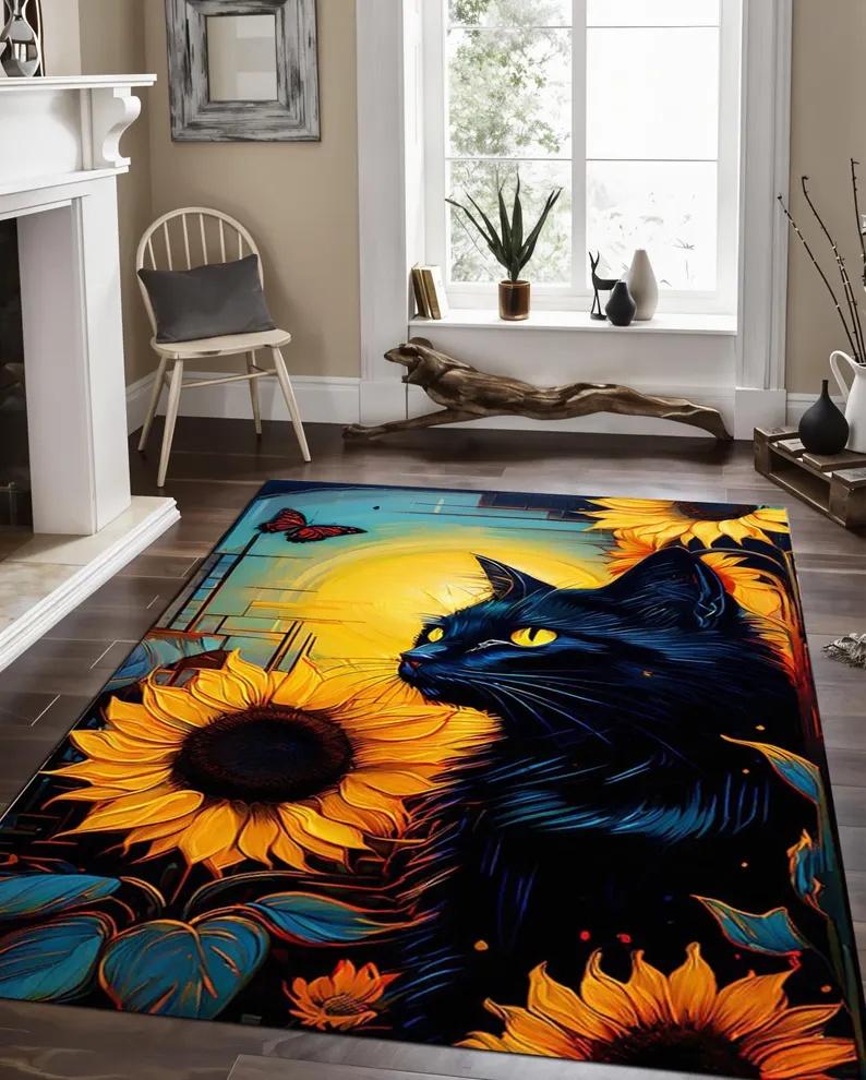 

Black Cat Golden Moon Carpet Mystic Floral Rug Retro Mat Home Decoration Artistic Pattern Non-Slip Floor Mat Living Room Bedroom 40x60cm