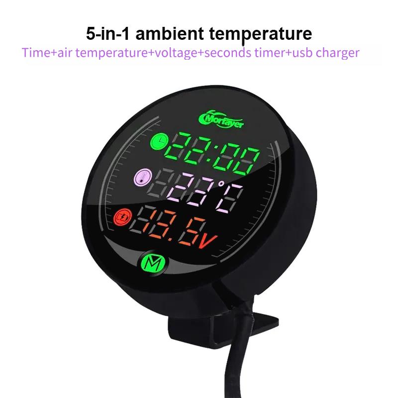 9-24V Waterproof 5-In-1 Motorcycle Led Night Vission Multi-function Voltmeter For Volatge Timer Temperature Usb Charger