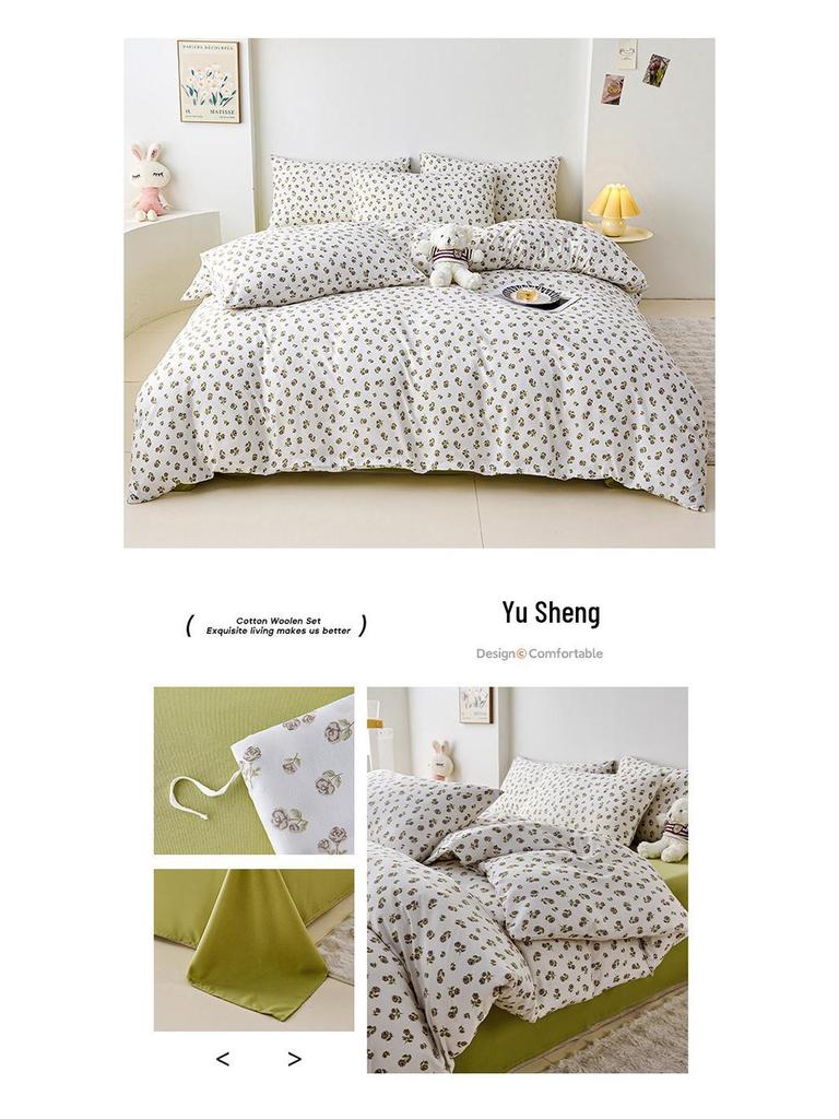 Elegant High-Weight Knit Cotton Floral Four-Piece Bedding Set – Skin-Friendly, Available In Single/Double Sizes.