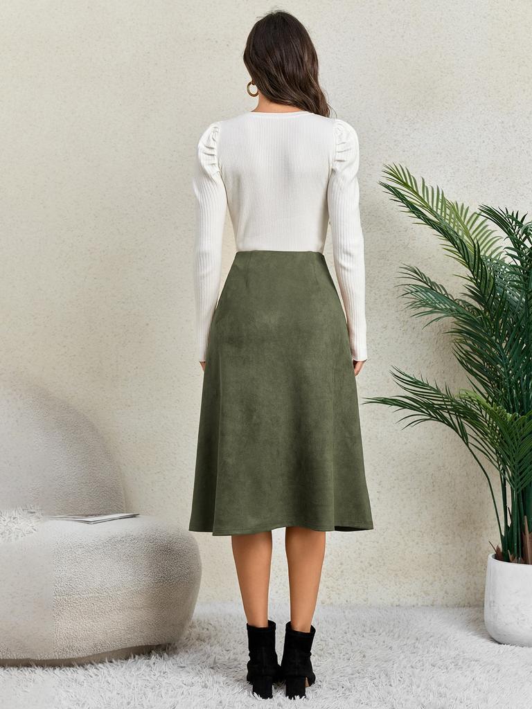 Damen Unifarbener Patchwork Wildleder Reißverschluss Rock Hohe Taille Schnalle Umwickelte Hüfte Kurzer Rock Mittellanger Rock
