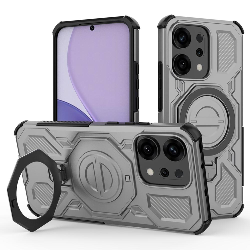 

For Oppo Reno14 5G (Global) Magnetic Case Rotating Metal Kickstand PC+TPU Phone Back Cover Grey