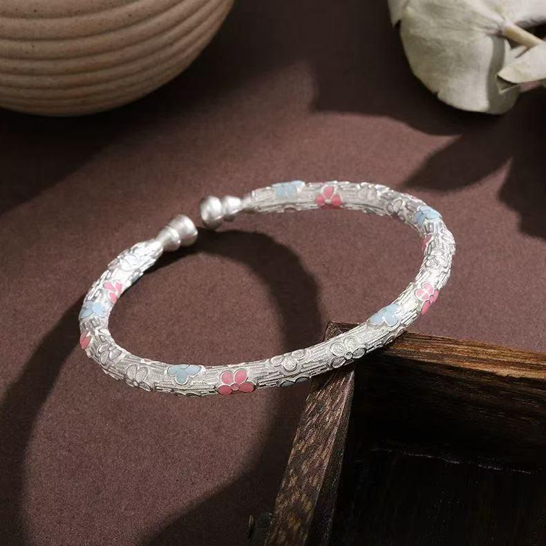 Ethnic Style Openable Sterling Silver 999.9 Cherry Blossom Gourd Bracelet for Women