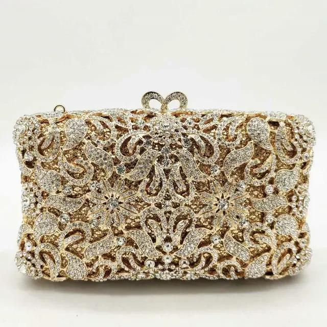 

Boutique De FGG Handmade Flower Evening Bags and Clutches, Gold Rhinestone Clutch Purses and Handbags, Wedding Bridal CLutch Bag Mini size