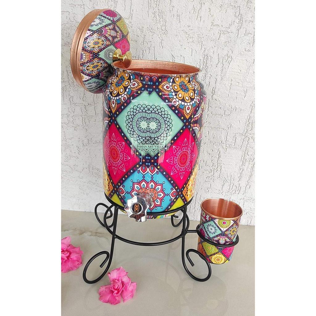 Pure Copper Colorful Diamonds Printed Design Water Pot Heavy Gauge with Brass Tap & Copper Glass & Stand, Storage & Serving Water, Volume- 5 Liters
