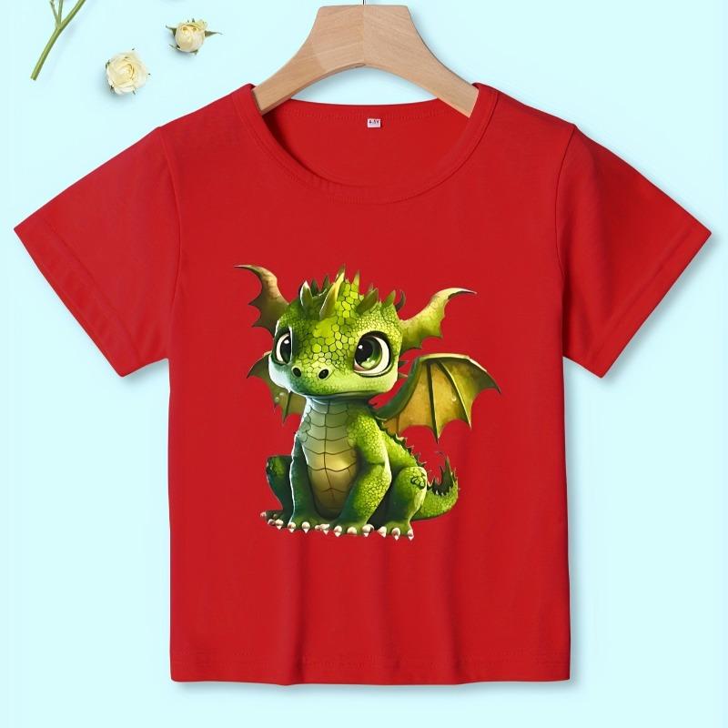 Cute Cartoon Green Dragon Print Short Sleeve Kids T-Shirt