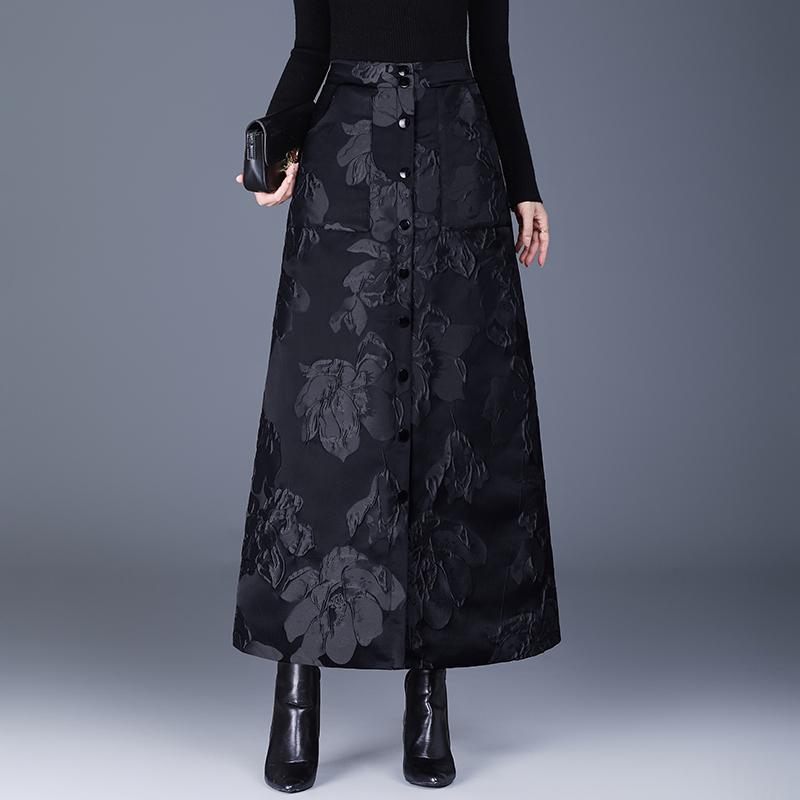 Jacquard Baumwolle Gepolstert Übergröße Hohe Taille Vintage Floral Frühling Herbst Winter Lässig Locker Lang für Frau Röcke Damenrock