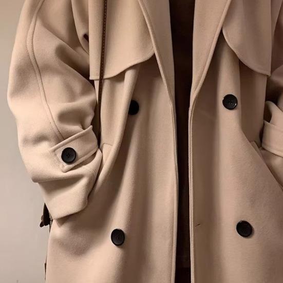 Men Windbreaker Lapel Long Sleeve Double-Breasted Casual Coat Autumn Winter Mid-length Outwear Solid Color Loose Fit Woolen Coat with Pockets