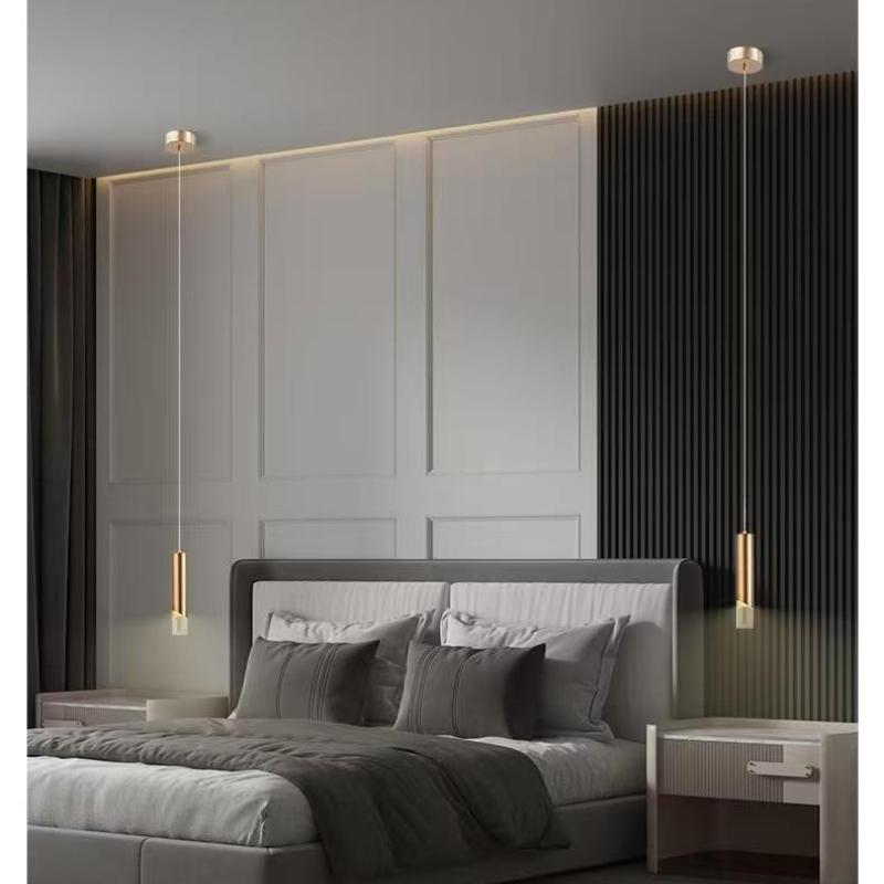 Bedroom Bedside Pendant Light, Modern Minimalist Cylindrical Minimalist Electroplated Long Line Pendant Light