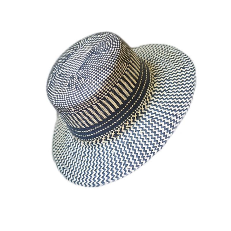 Japanese Retro Blue And Beige Woven Flat-Top Wide-Brimmed Jazz Top Hat For Men And Women Summer Vacation Beach Sun Protection Straw Hat