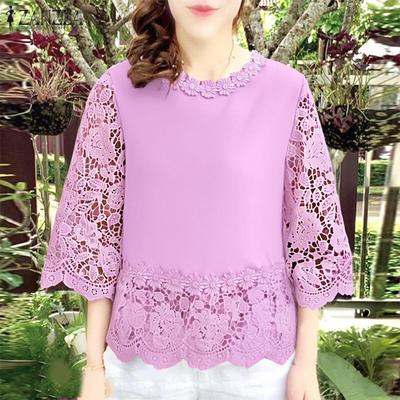 Women Casual Lace Crochet Splice 3/4 Sleeve Loose Blouse