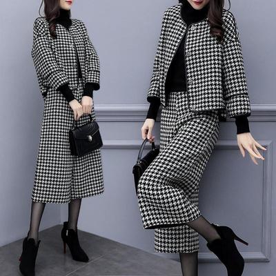 Women's Autumn and Winter Two-piece Trousers Woolen Short Coat Wide-leg Pants Casual Fashion Woolen Cloth Tide Nine Points Suit