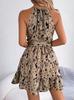 2025 New European & American Leopard Print Halter Neck Slim Fit Lace-up Short Dress