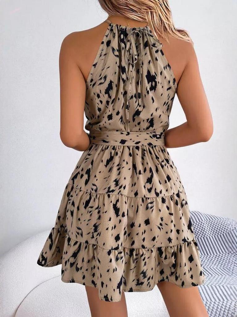 2025 New European & American Leopard Print Halter Neck Slim Fit Lace-up Short Dress