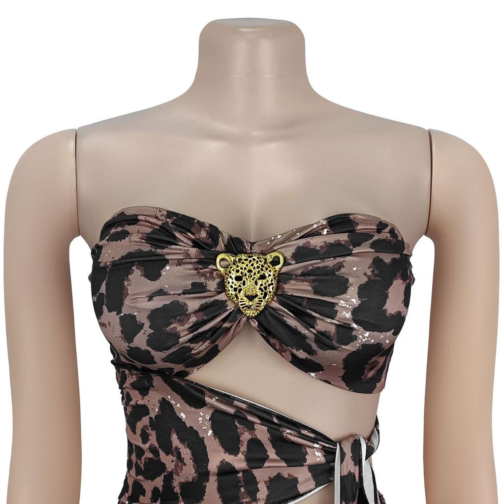 C7501 Leopard Print Off-Shoulder Backless Dress - Women's Sexy European & American Fashion
