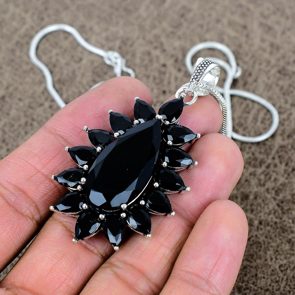 Black Spinel Gemstone Handmade 925 Sterling Silver Jewelry Pendant 2.48" KKG-291