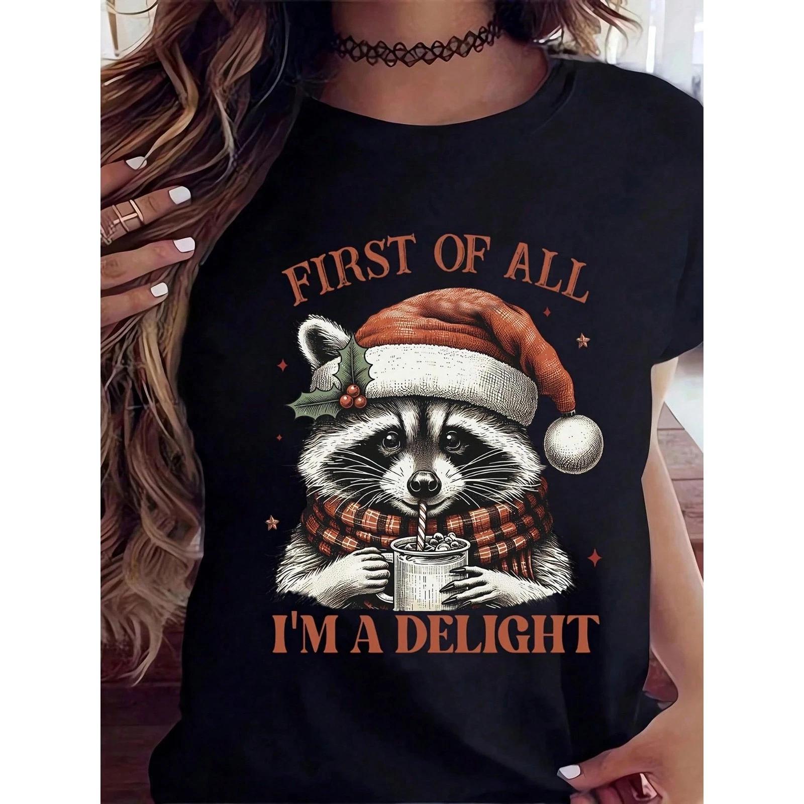 Christmas Raccoon T-Shirt First Of All I m A Delight Funny Holiday M