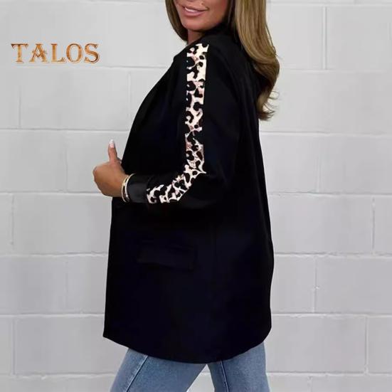 Women Suit Coat Lapel Leopard Stitching Long Sleeve Open Front Suit Jacket with Flap Pockets Business Formal Outwear