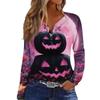 Women's Halloween Print V-Neck T-Shirt with Decorative Buttons Long Sleeve Casual Top