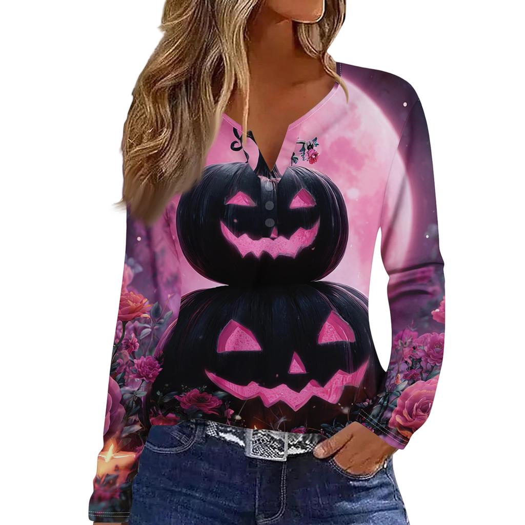 Women's Halloween Print V-Neck T-Shirt with Decorative Buttons Long Sleeve Casual Top