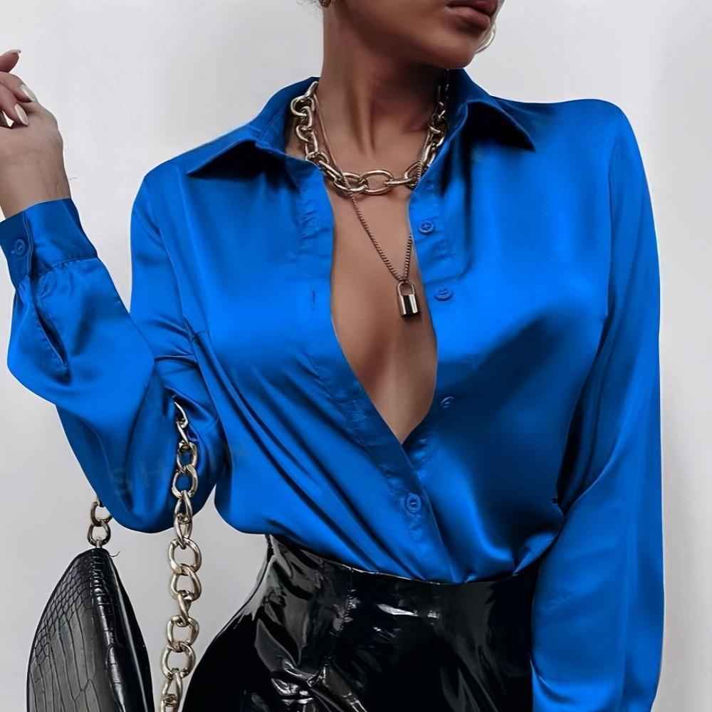 

Женские блузки и рубашки весна-лето Элегантные атласные повседневные рубашки с длинным рукавом из искусственного шелка Однобортные базовые топы S синий