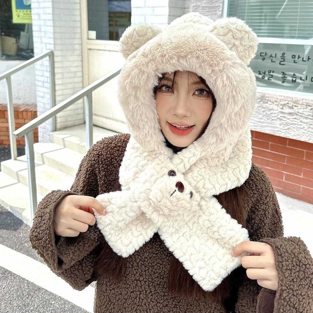 Warm Bear Ear Hat Solid Color Winter Neckerchief Fashion 2 in 1 Plush Scarf Ski
