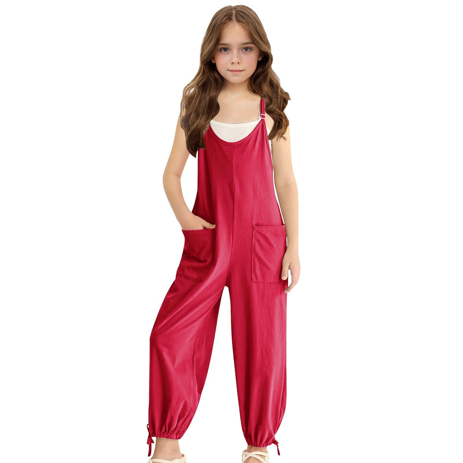 

Girls Middle And Big Kids Fashion Color Casual Suspender Pants Pocket Drawstring Back Pants 120