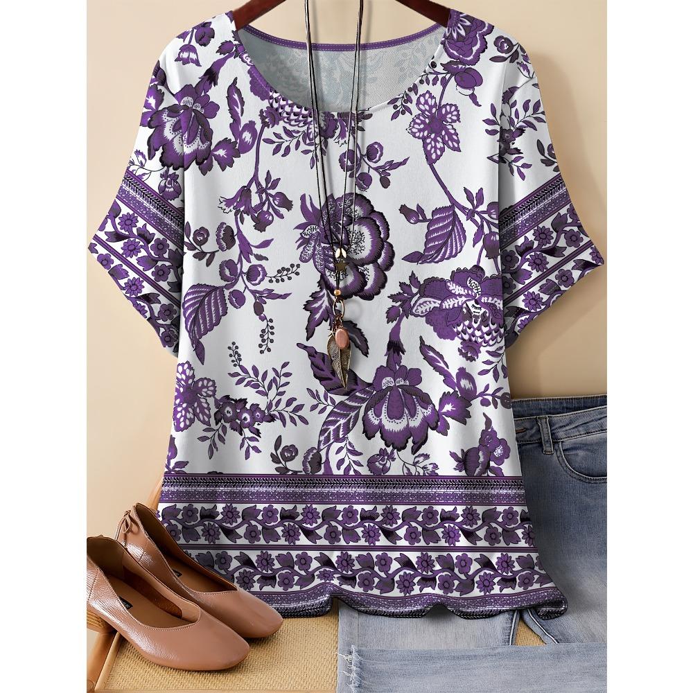Summer Women Pattern Splicing 3D Printed Short Sleeved T-shirt Fashionable Comfortable Soft Breathable Large Loose Retro Style T-shirt