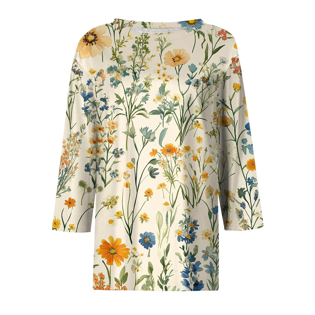 Women's Fashionable Casual Round Neck T-Shirt With Floral Print And Three-Quarter Sleeves
