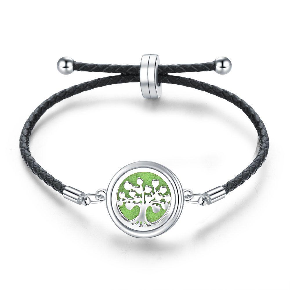 Women's Adjustable Braided Leather Aroma Diffuser Tree of Life Bracelet